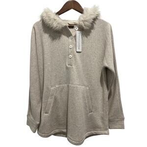 NWT Soft Surroundings Alpina Pullover Soft Taupe Heather Faux Fur Hood Size M